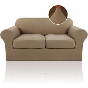 PrinceDeco Couch Covers for 2 Cushion Couch Sofa - High Stretch Luxury 3 Pieces Sofa Slipcovers with Elastic Bottom loveseat Cushion Cover, Warm Sand, 2 Cushion Loveseat (Medium)