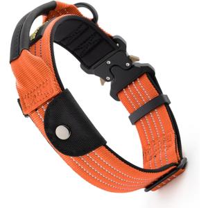 Plutus Pet Tactical Dog Collar with Tracker Pocket for AirTag, Adjustable Reflective Nylon Collar, Metal Buckle, Leather-Wrapped Handle, Soft Padded for Medium Large Dogs (Orange, L)