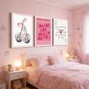 3Pcs Trendy Pink Preppy Canvas Wall Art Cute Girly Coquette Disco Cherry Pictures Wall Decor Preppy Room Decor Aesthetic Posters Prints for College Apartment Dorm Decoration 16x24in