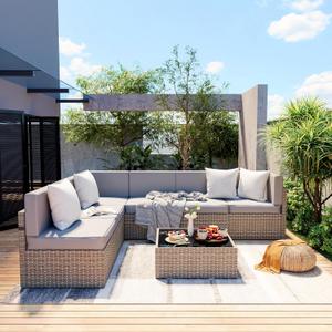 Pamapic 7-Piece Outdoor Sectional Furniture Set, All-Weather Wicker Patio Sofa with Washable Cushions, Gray Waterproof Rattan Conversation Set for Backyard, Poolside, Garden (Gray Cushions) (Grey)
