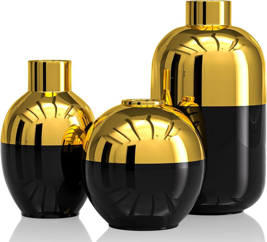 Blcka Glossy Gold Ceramic Flower Vase Set of 3,Gold Modern Round Decorative Vases for Pampas Grass Home Decor,Bedroom,Office,Living Room,Bookshelf,Wedding,Bathroom Table Centerpiece (Black)