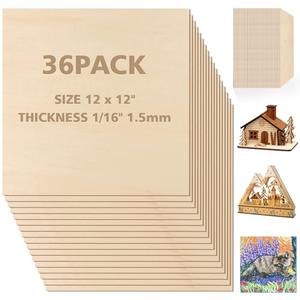 Adrattnay Basswood Sheets 1/16 x 12 x 12 inch - 1.5mm Basswood Sheets Plywood Sheets, 36Pcs Square Unfinished Wood Board for DIY Crafts, Laser Cutting, Wood Burning, Painting, Model Carving