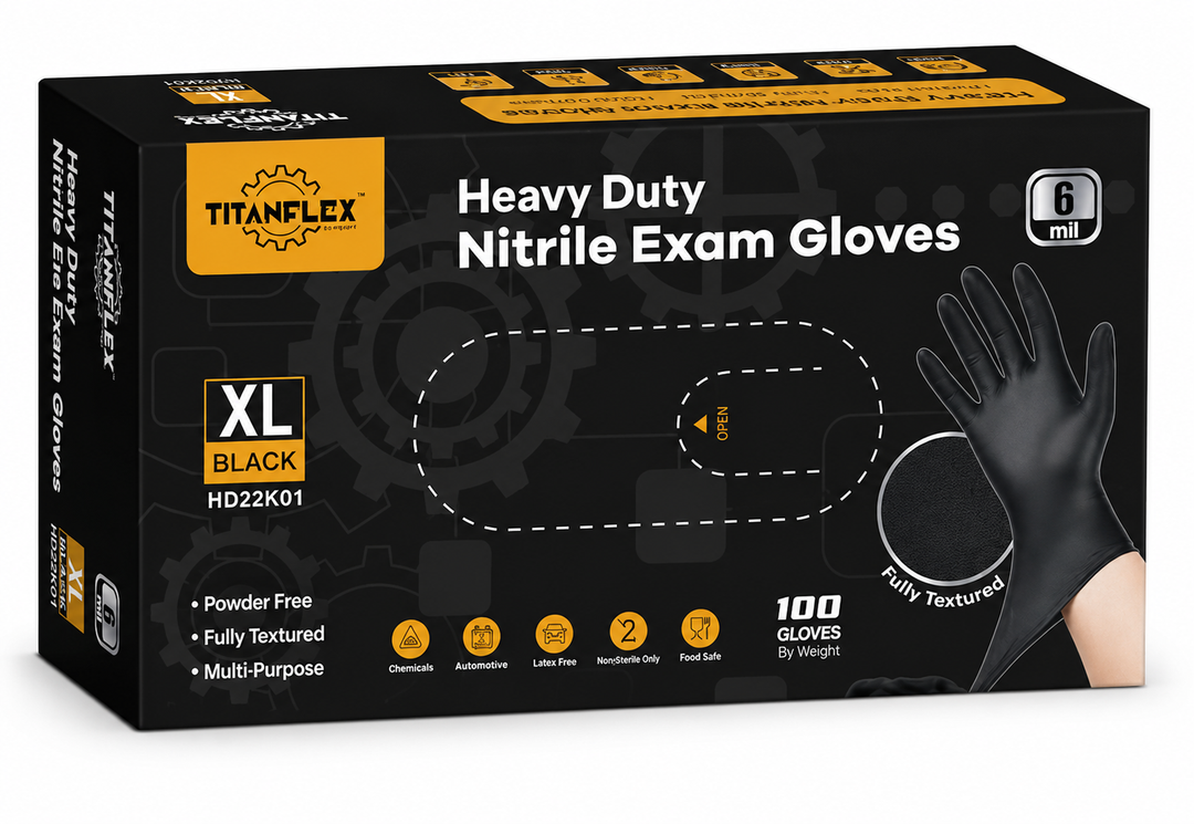 TitanFlex Disposable Nitrile Exam Gloves, 6mil, Black, XL 100ct Box, Heavy Duty, for Cooking, Mechanics, Latex Free, Food Safe Rubber for Food Prep