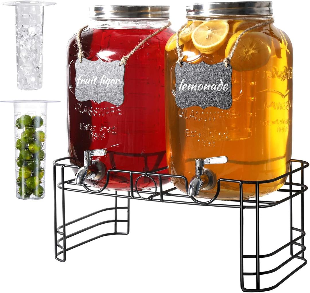 2 Gallon Drink Dispensers for Parties, 2 Pack Glass Beverage Dispenser with Stand & 18/8 Stainless Steel Spigot, Lemonade Jug for Wedding, Picnic, BBQ