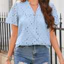 Womens Summer Tops V-Neck Short Sleeve Shirts Dressy Casual Babydoll Blouses Embroidered Eyelet Flowy Boho Clothing (XL)