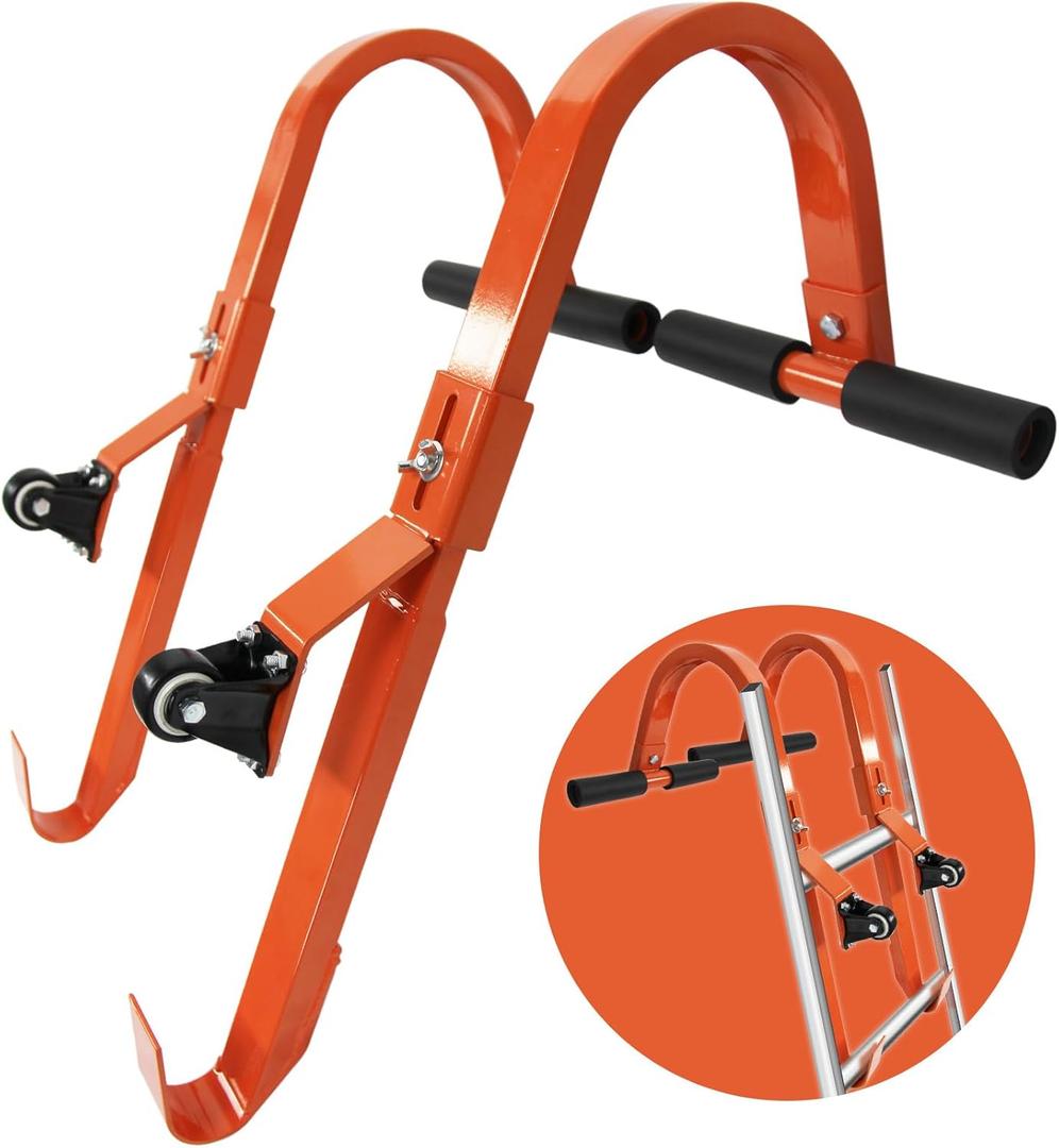Roof Ladder Hook, 2 Pack Ladder Stabilizer, Heavy Duty Steel 500 Lbs Weight Ratin, Rubber Grip T-Bar for Damage Prevention,Roof Ridge Extension with Wheel for Safe and Easy Access,Orange