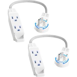 SURAIELEC 1FT Extension Cord, 360 Rotating Flat Plug Extension Cord Flat Wall Plug with 3 Outlets, White Braided Flat Cord for Indoor Use, Compact Areas, 16/3C SPT, ETL Listed, 2 Pack