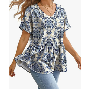 YESNO Women's Summer Tops Casual V Neck Babydoll Blouses Floral Short Sleeve Peplum Shirts TH2, 2XL