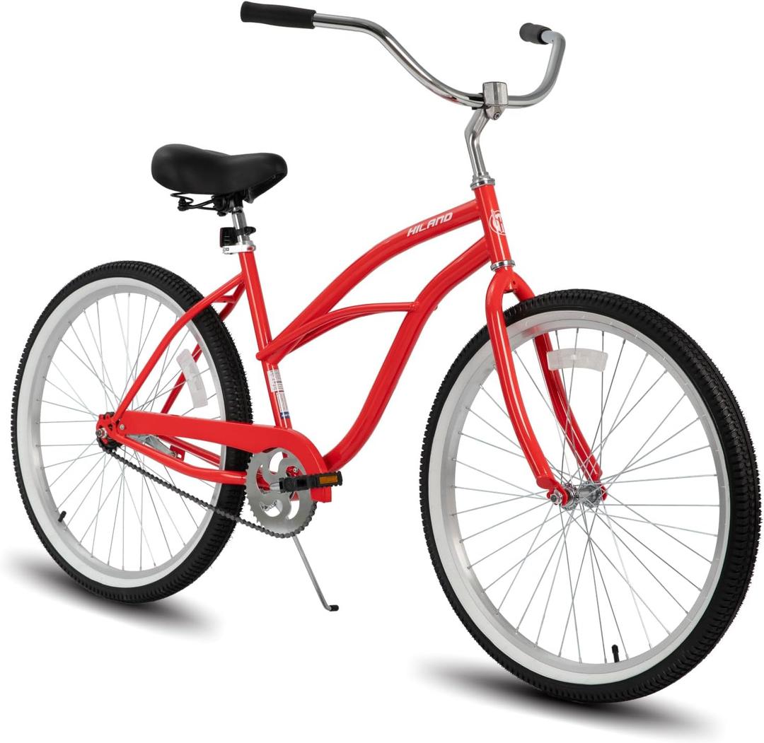HILAND 26 Inch Womens Beach Cruiser Bike, Single Speed Commuter Bicycle with Rear Coaster Brake, Low Step-Through Frame, Comfortable Seat with Dual Springs, City Hybrid Bike for Women Men Adult (Red)