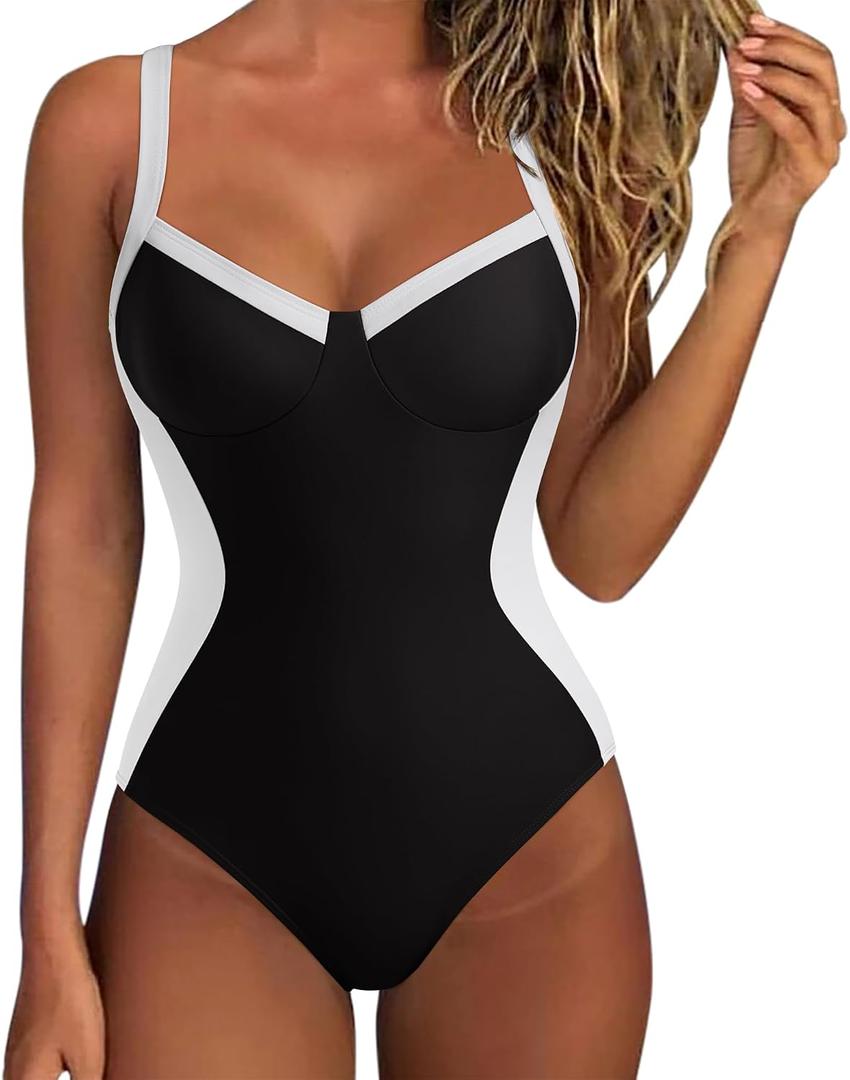 SUUKSESS Womens Tummy Control Slimming One Piece Swimsuits Sexy V Neck Crisscross Back Bathing Suits Push up Swimwear(Black, Medium)