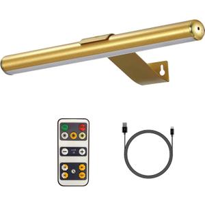 Wireless Picture Light Battery Operated,Rechargeable Painting Light with Remote Control, Metal Art Display Lamp,3 Modes,Dimmable Dartboard Light with Timer for Frame Gallery,300LM, Gold