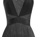 Rhinestone Fringe Bodysuit Women Tassel Latin Jazz Dance Costume Leotard Trapeze Artist Acrobat Costume Festival Rave Outfits (Black, XS)