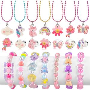 Faburo 21pcs Kids Jewelry for Girls -7 Necklaces, 7 Rings, 7 Bracelets, Little Girls Jewelry Kids Mermaid Necklace Rings for girls, Toddler Jewelrys Necklace Birthday Christmas Gift Age 3 4 6 8