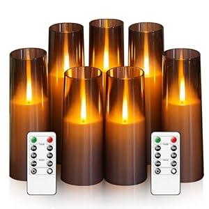 Kakoya Flameless LED Candles Upgraded Realistic Flickering Flame, 7Pcs Battery Operated Candles with Remote Timers, LED Pillar Candles for Home Decor, Christmas, and Parties（Grey）