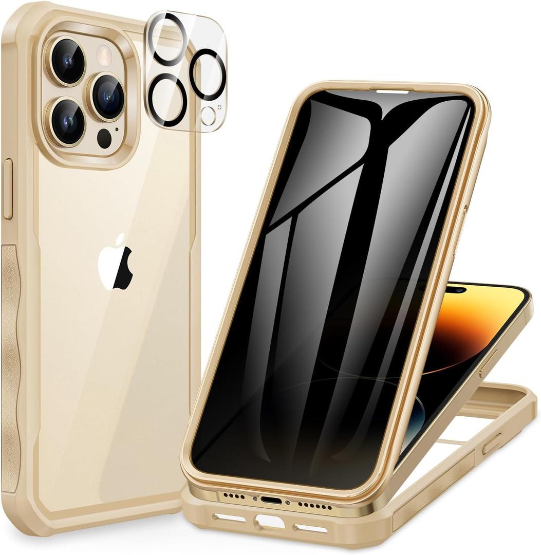 CENHUFO Privacy for iPhone 14 Pro Max Case, Full Body Phone Case with Built-in 9H Tempered Glass Privacy Screen Protector and Camera Lens Protector, Anti Peep Shockproof Bumper Clear Cover - Beige