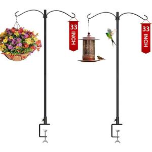 33 Inch 2 Pack Double Deck Hook for Railing, Deck Bird Feeder Hanger for Railing with 2 Inch Strengthened Clamp for Hanging Bird Feeders, Lanterns, Wind Chimes, Flower and Plant Baskets