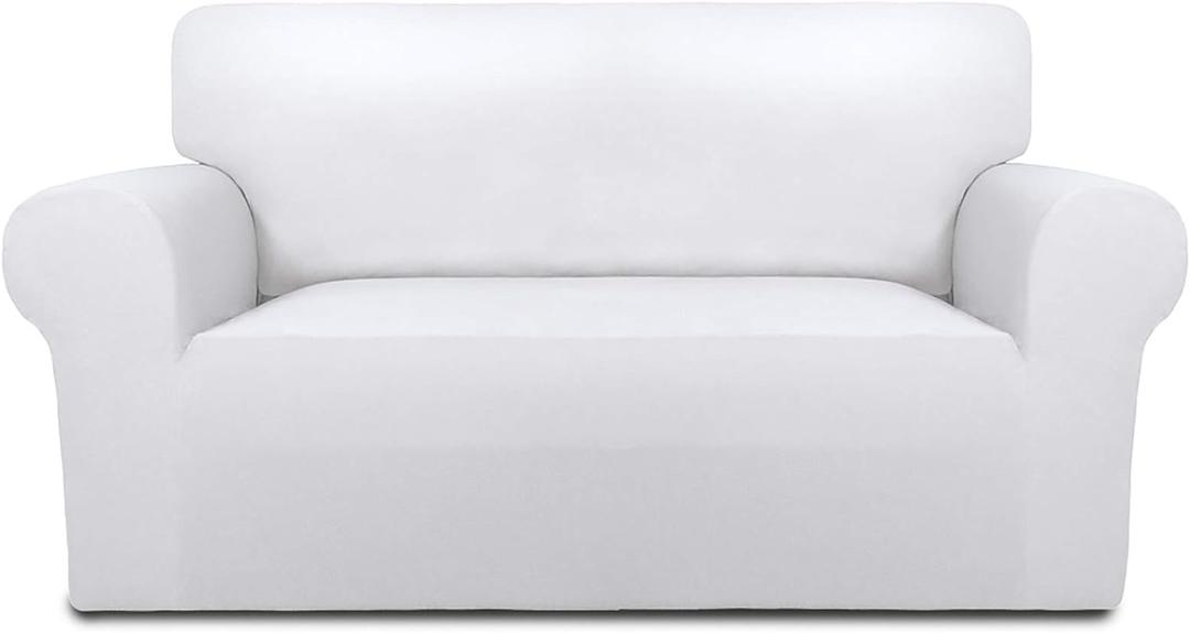 PureFit Super Stretch Sofa Slipcover  Spandex Non Slip Soft Couch Sofa Cover, Washable Furniture Protector with Non Skid Foam and Elastic Bottom for Kids, Pets Loveseat, White (Medium)