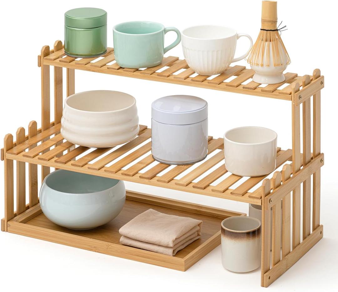 Kathfly 18.5" 2-tier Matcha Station Shelf Stand with 13" Bamboo Matcha Tea Serving Tray Coffee Station Organizer Coffee Bar Storage Rack Mug Holder Countertop for Desktop Flower Pot Cup(Bamboo Color)