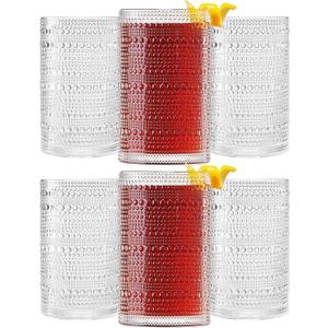 Khen Plastic Hobnail Drinking Highball Glasses Set of 6 Clear Color Cups 14oz, Shatterproof & Unbreakable Acrylic Beaded Design, BPA-Free, Dishwasher Safe Indoor/Outdoor Drinkware Water, Cocktails