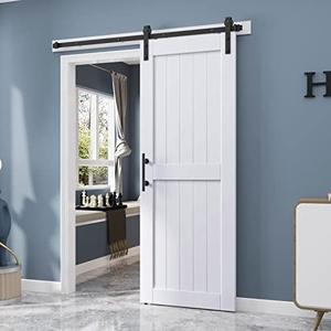 EaseLife 28 x 84 inch White Barn Door with 5FT Sliding Door Hardware Kit Included & Handle,Solid Wood Covered with Waterproof PVC Surface,DIY Assemblely,Easy Install,H-Frame,Fit 24-26in Wide Opening