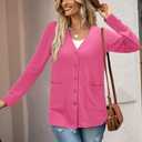 ULTRANICE Women's Cardigan Sweaters Lightweight Long Sleeve Open Front Knitted Button Down Cardigans Tops with Pockets (Pink, L)
