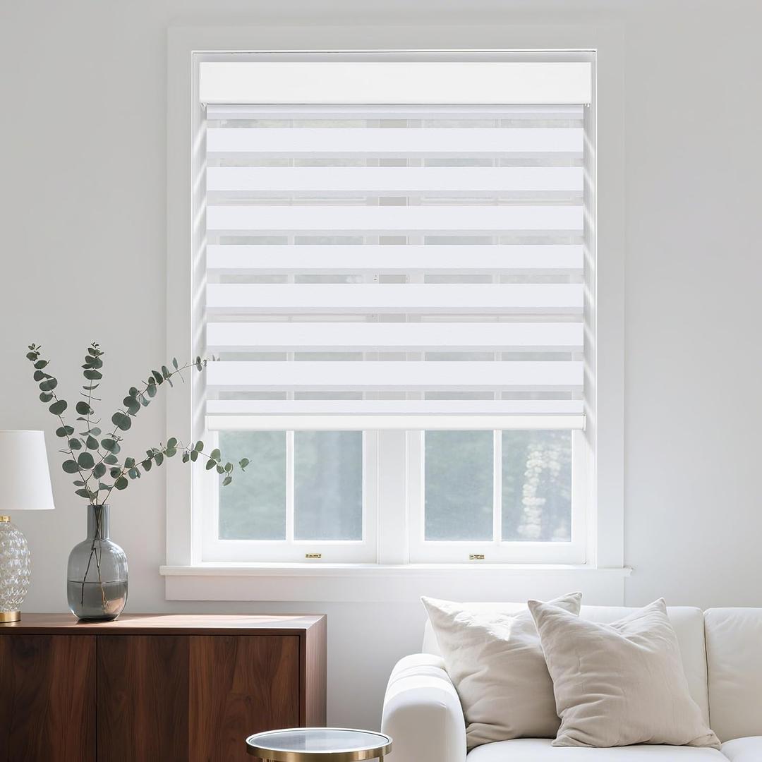 Grandekor Jacquard-White Cordless Zebra Blinds for Windows,46" W x 64" H | Pull Down Roller Shades with Valance,Free-Stop Privacy Blinds,Thermal Insulated for Home,Office,Bedroom