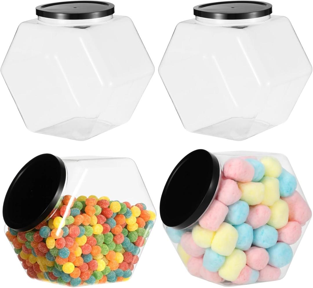 4 Pcs Hexagon Plastic Candy Jars, 129 oz Clear Cookie Jars with Airtight Lids, Wide Round Mouth Snacks Containers, Reusable Coffee Candy Display Containers