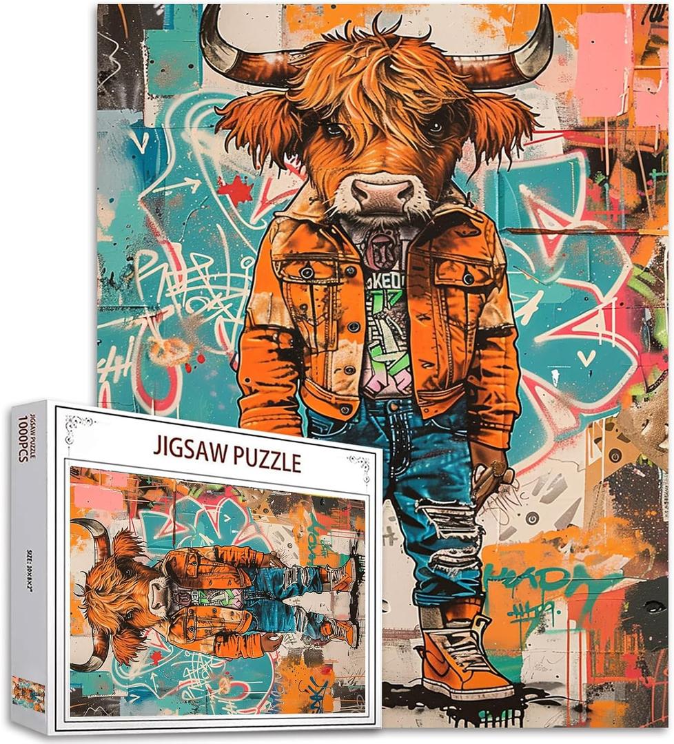 Cow Family Jigsaw Puzzles for Adults 1000 Pieces,Highland Cattle Funny Animal Art Jigsaw Puzzle Vintage Farm DIY Puzzles for Home Decoration Gifts, Family Puzzle Perfect for Game Nights