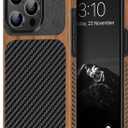 TENDLIN Compatible with iPhone 15 Pro Case Wood Grain with Carbon Fiber Texture Design Leather Hybrid Slim Case (Black)