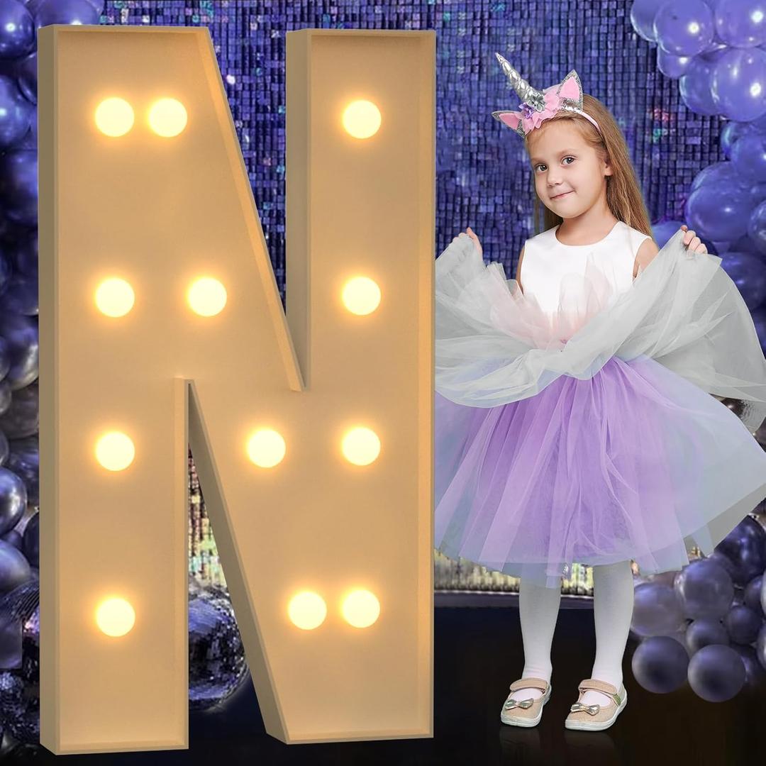 Marquee Light Up Letters, 4FT Marquee Letters, Large Light Up Letter for Party Decor, Mosaic Balloon Frame, Cardboard Letter for Birthday Wedding Engagement Party Decorations, Giant Letter N