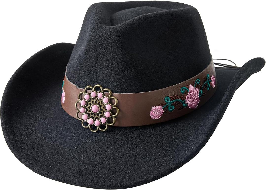 Jastore Western Cowboy Hat for Kids Girls with Pink Flower Buckle Blet Cowgirl Hat Wide Brim Fedora Hat Rodeo Party Hats