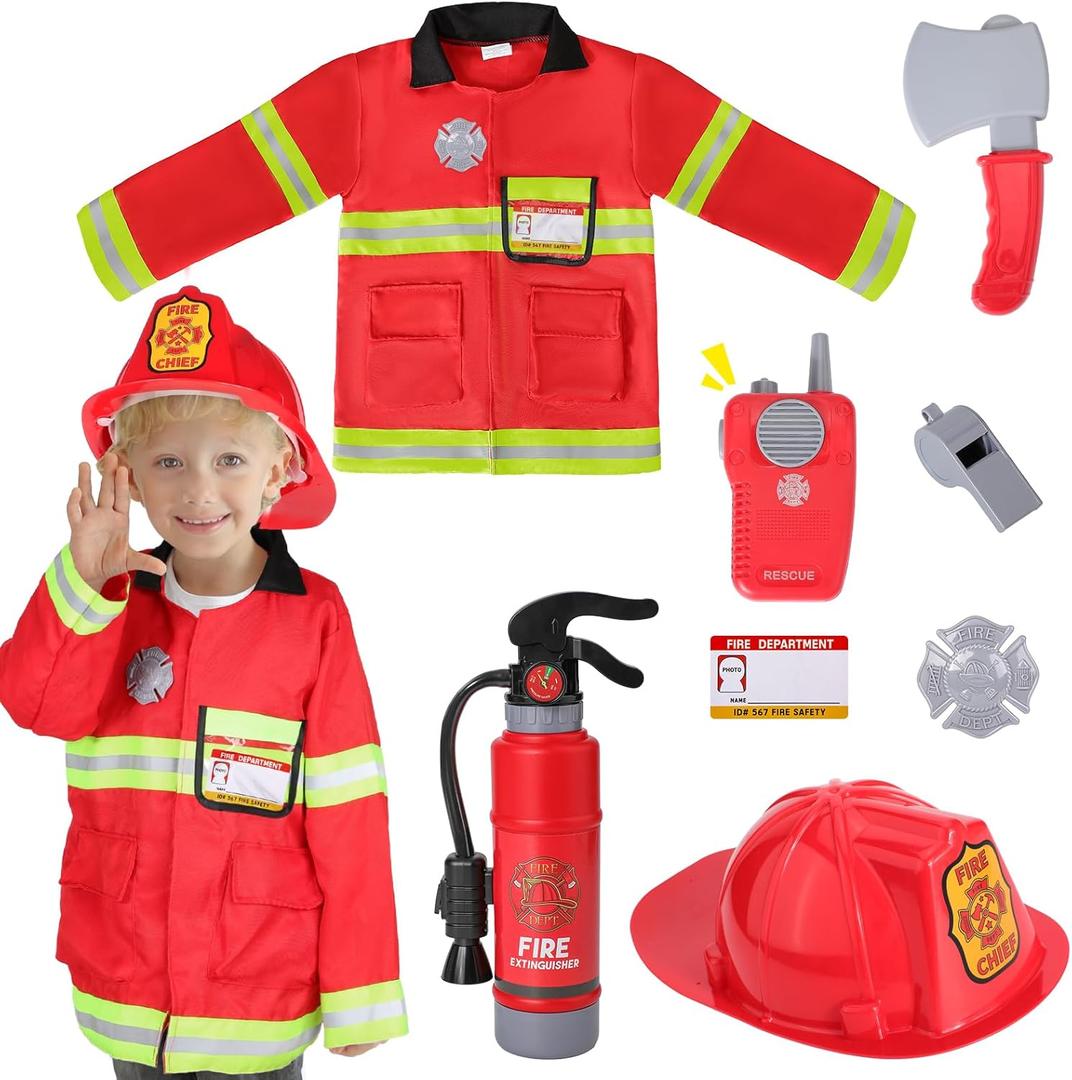 Firefighter Costume for Kids 3 4 5, Toddler Dress Up Set with Fire Extinguisher, Boys Girls Fireman Pretend Play Toy for Birthday Gift