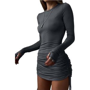 Floerns Women's Ruched Drawstring Long Sleeve Crew Neck Dress Casual Stretch Bodycon Short Dresses (Medium, Grey)