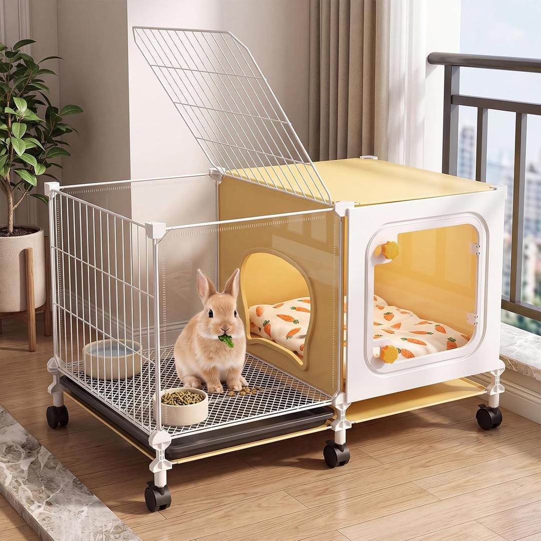 Rabbit Cage Indoor, 29.1" Bunny Cage with Pull-Out Tray, Raised Mesh Floor, Clear Front Door, Lockable Wheels & Divider Hideout, Small Animal Cage for Rabbits and Guinea Pigs