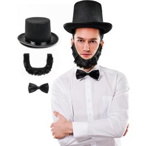 Abraham Lincoln Costume - 3 Pcs Black Top Hat Set with Authentic Beard and Traditional Bowtie - Historic Presidents Day Costume for Adults