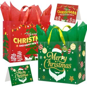 Charmount 2 Pack 13 Christmas Gift Bags with Handles, Tissue Paper & Greeting Card  Xmas Holiday Goody Bags with Tag, Wrapping, Party Favors, Hot Foil Stamping, Decor for Coworkers and Teens