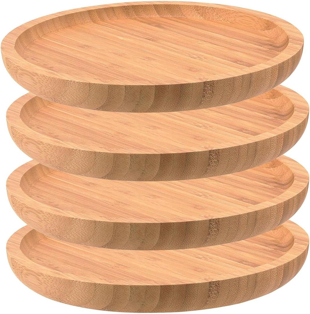 4 Pack 8 Inch Bamboo Plant Saucer, Round Bamboo Serving Tray, Wood Plant Drip Trays for Pots Indoor Outdoor Succulent Flower