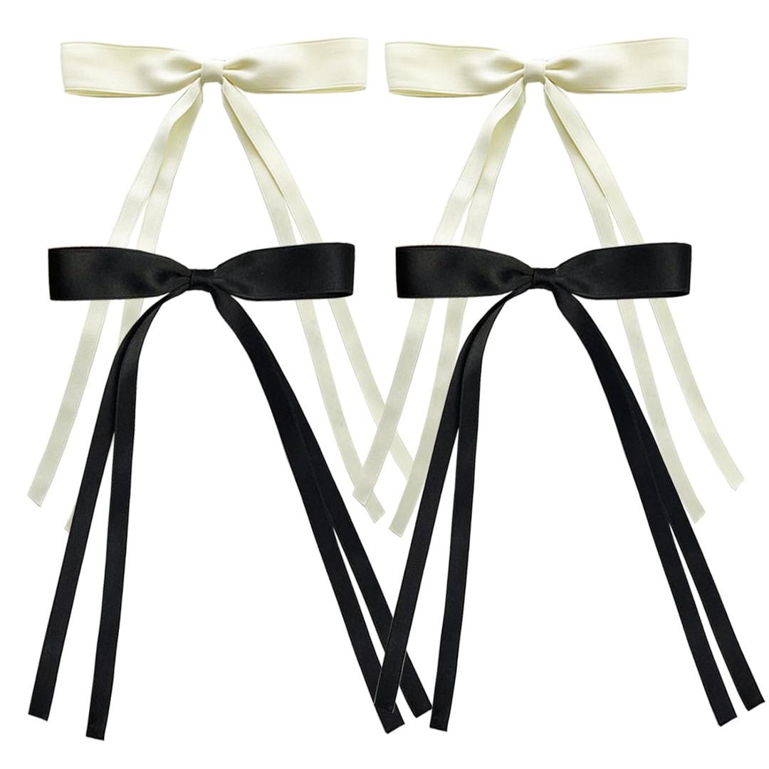 Women Girls Hair Clips, 4 PCS Tassel Ribbon Bowknot Hair Clips with Long Tail, Big Ribbon Bows Satin Hair Clip for Hair Design (Black+Beige)