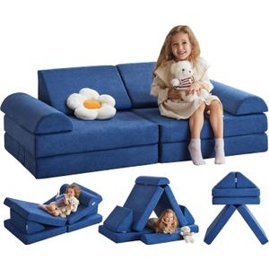 Kids Couch Play Couch Large, Miss Fabric Modular Foam Floor Sofa Soft Play Equipment, Convertible Sofa Bed and Playhouse (Navy)