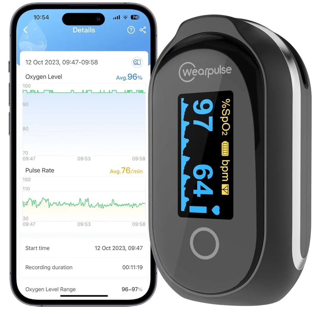 Rechargeable Pulse Oximeter Fingertip - Continuous Blood Oxygen Saturation Monitor, SpO2 and Pulse Rate Tracking, Finger O2 Pulse Oximeter, APP Report Features with Bluetooth, Custom Beep
