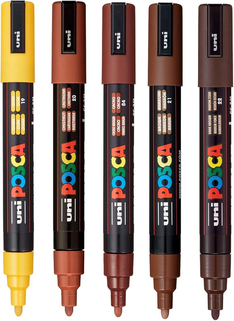 posca Paint Art Markers, Set of 5 5M Medium Markers with Reversible Tips, Brown Collection