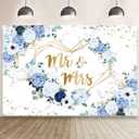 7x5ft Mr and Mrs Floral Backdrop for Bridal Shower Blue and White Flowers Photography Background Hearts Geometric Couple Wedding Party Decorations Bride to Be Engagement Banner Props