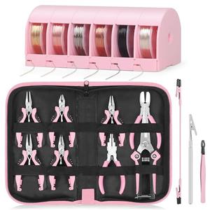 Toolour Jewelry Pliers Set Jeweler Making Tools with 6 Rolls Beading Wire Kit for Jewelry Supplies DIY Hobby Repair Crimping Wrapping, Pink Professional Craft Pliers for Adults Beginner
