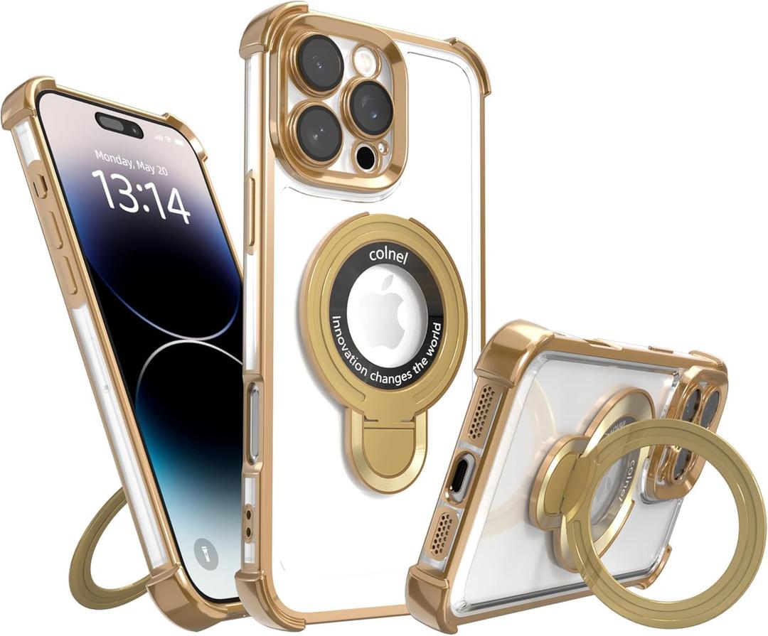 Magnetic case for iPhone 16 with Full Camera Lens Protection(Compatible with MagSafe),Military Shockproof Slim Electroplate Bumper Clear Cover Built-in Invisible Ring Stand,Gold