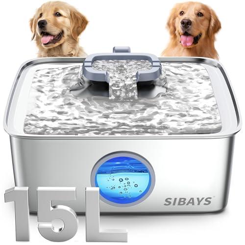 SIBAYS 4Gal/15L Dog Water Fountain, Stainless Steel Large Capacity Pet Water Fountain with Water Level LED Light, Automatic Quiet Dog Water Bowl Dispenser for Large Dogs & Multi-Pet Easy to Clean FS79