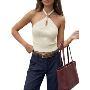 Verdusa Women's Cut Out Halter Tops Rib Knit Tie Backless Crop Tops Summer Chic Outfits (S)