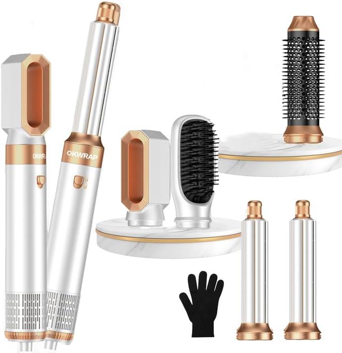 5 in ONE Blow Dryer Brush, Curling Wand Hair Styling Tools Set, Ionic Hot Air Hair Dryer, Massage Oval Hair Dryer, Left&Right Hair Curlers 100-120V (White)