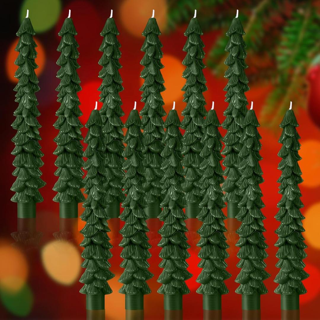 MTLEE 12 Pcs Green Christmas Tree Shaped Taper Candles 10 Inch Unscented Christmas Tree Candles Decorative Aesthetic Xmas Relaxation Gifts for Centerpiece Decorations (Classic)