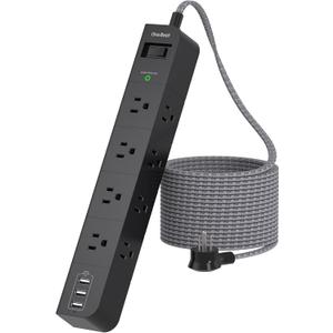 One Beat 10 ft Extension Cord,Power Strip Surge Protector 8 Widely AC Outlets 3 USB,Flat Plug,Desktop Charging Station with Overload Protection,Wall Mount for Home,Office,Computer ETL Listed,Black