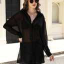 Gihuo Women s Sheer Blouse Mid Long Button Down Shirt Mesh Shirt Sexy See Through Top (Black)